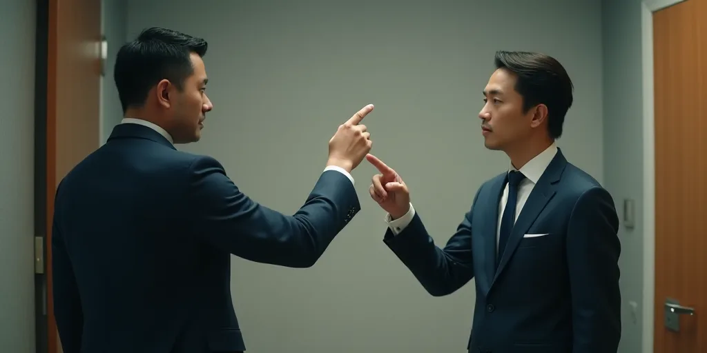 a man pointing at another man in a suit and tie with his hand out to him, both pointing at something