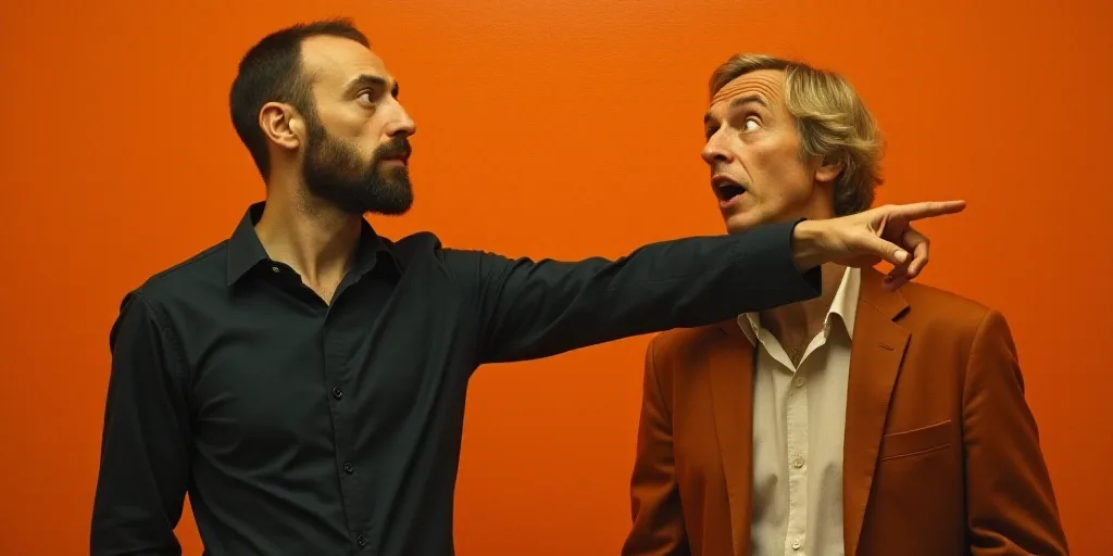a man pointing at something while another man looks on in the background with a surprised look on hi