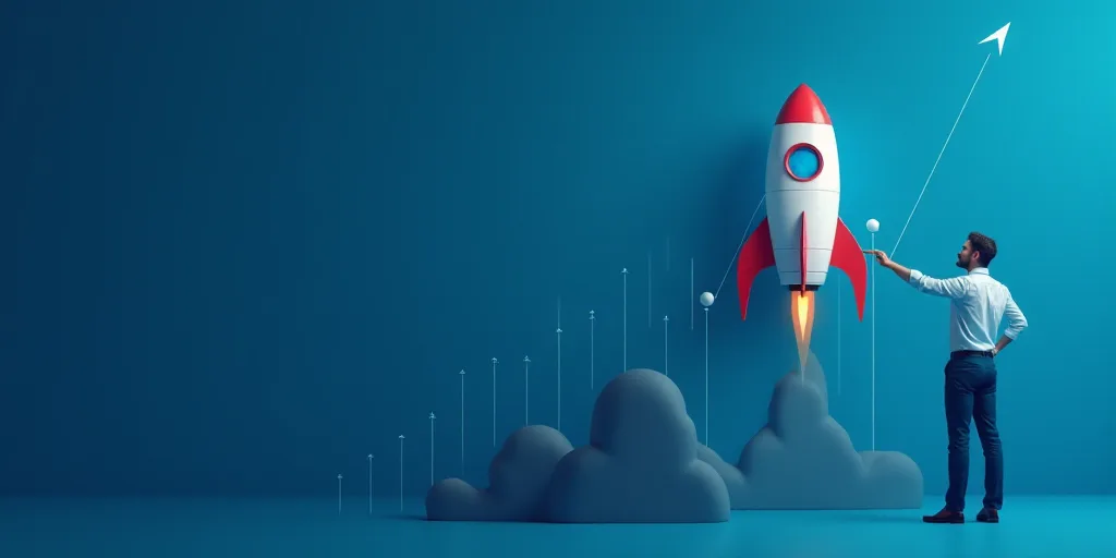 a man pointing to a rocket on a chart with a blue background and a line going up the side, Andries S