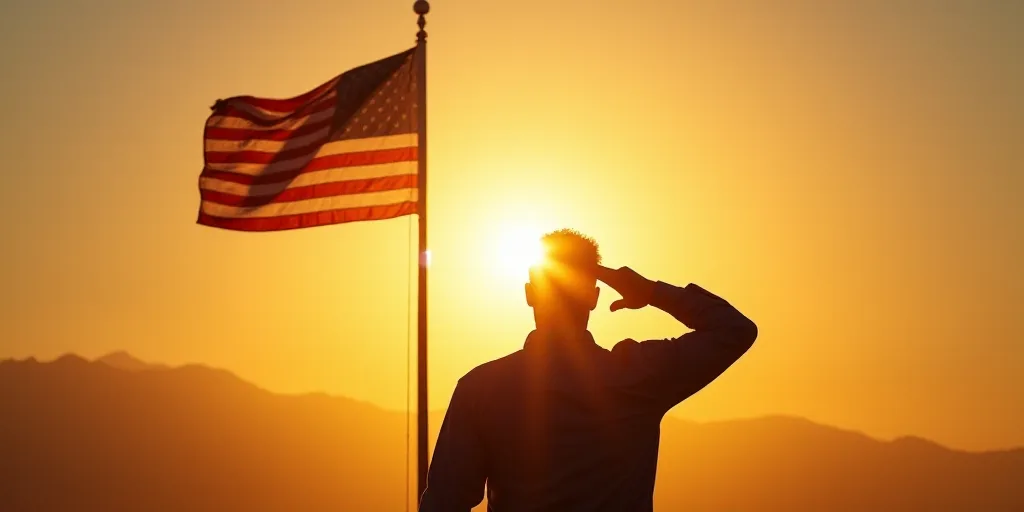 a man saluting the sun behind an american flag on a pole with a sunbeam in the background, Dennis As
