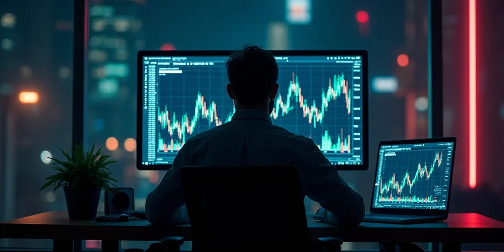 a man sitting at a desk in front of a computer monitor with a stock chart on it and a laptop on the