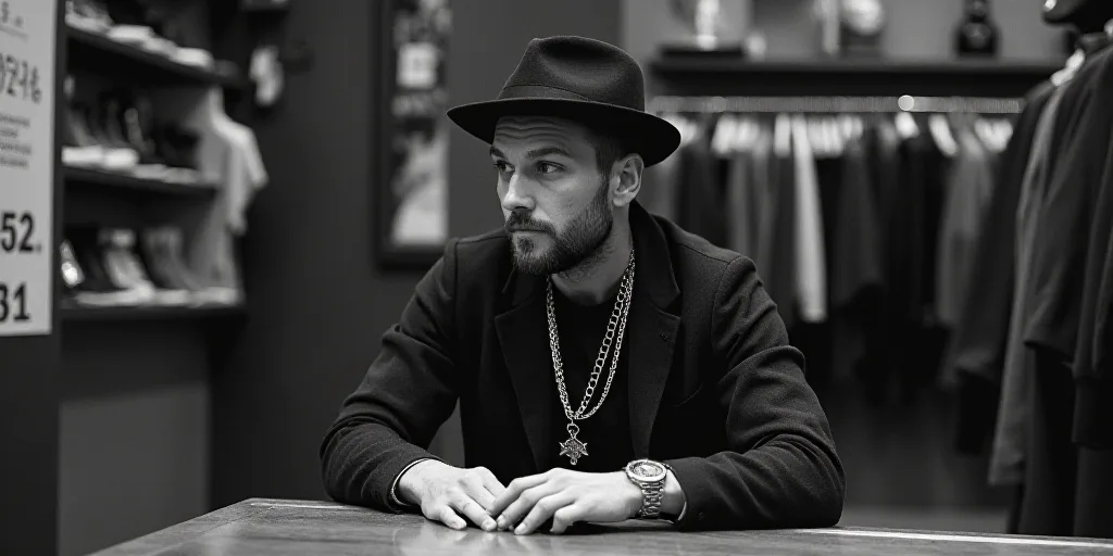 a man sitting at a table with a hat on his head and a necklace on his neck, in a store, Alexander Ku