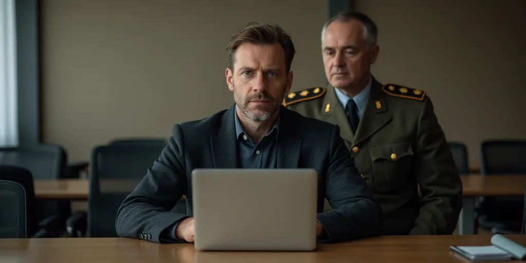 a man sitting at a table with a laptop in front of him and a man in a military uniform behind him, A