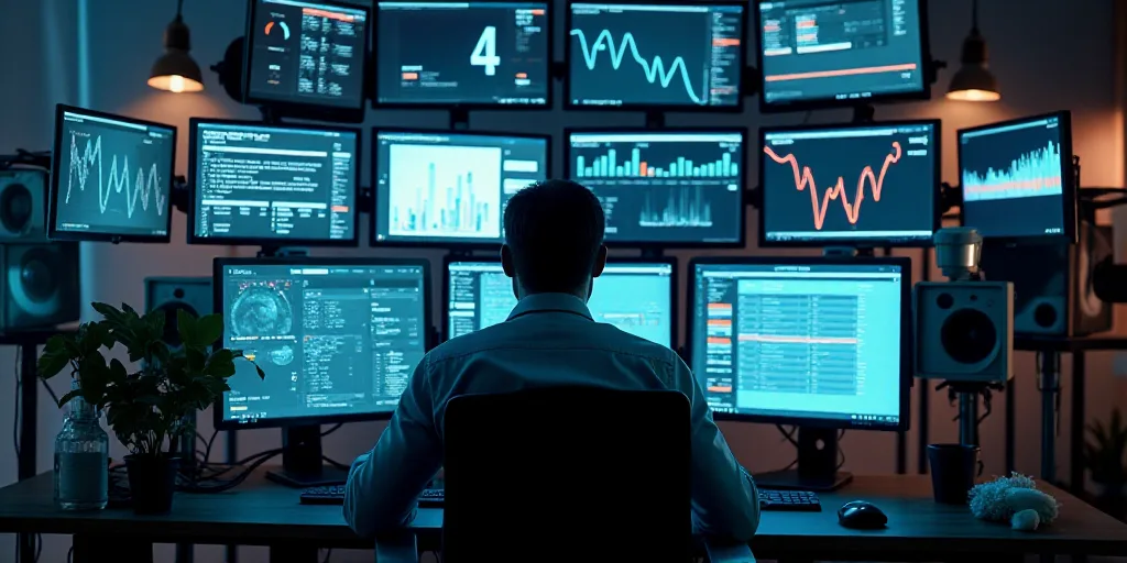 a man sitting in front of a computer monitor with multiple screens on it and a lot of other electron