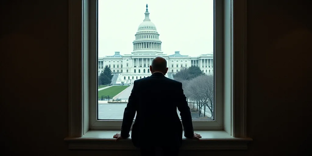 a man sitting in front of a window looking out at the capitol building in washington, dc, usa, Anne