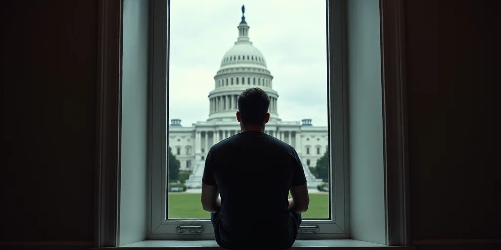 a man sitting in front of a window looking out at the capitol building in washington, dc, usa, Anne