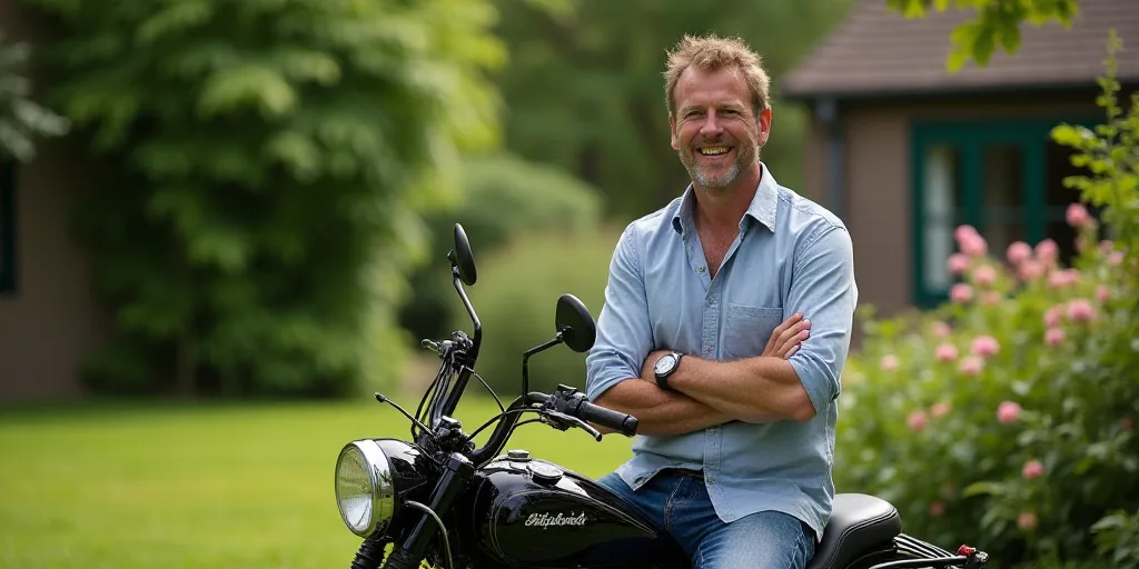 a man sitting on a motorcycle in a garden with a smile on his face and arms crossed, with his arms c