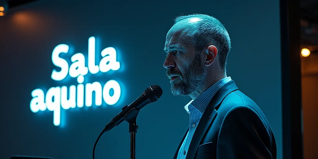 a man speaking into a microphone in front of a sign that says sala aquino on it, Almeida Júnior, fu