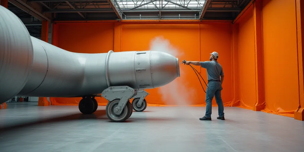 a man sprays down a large metal structure in a warehouse with orange walls and beams and a ceiling,
