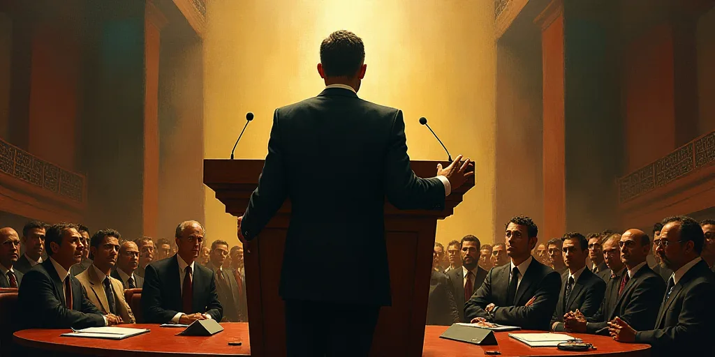 a man standing at a podium in front of a group of people in a conference room with microphones, Fede