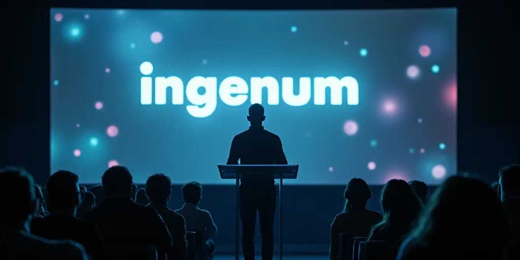 a man standing at a podium in front of a screen with a sign behind him that says ingenum, Agustín F