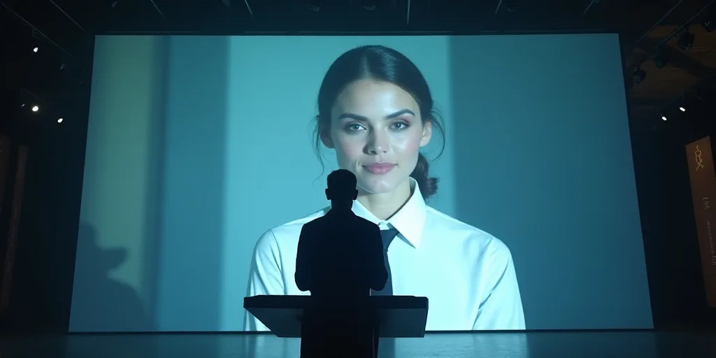 a man standing at a podium in front of a picture of a woman in a white shirt and tie, Araceli Gilber