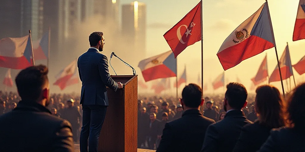 a man standing at a podium in front of a crowd of people in front of a sign with flags, Camilo Egas,