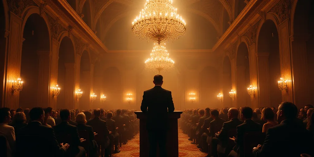 a man standing at a podium in front of a crowd of people in a room with a chandelier, Arthur Sarkiss