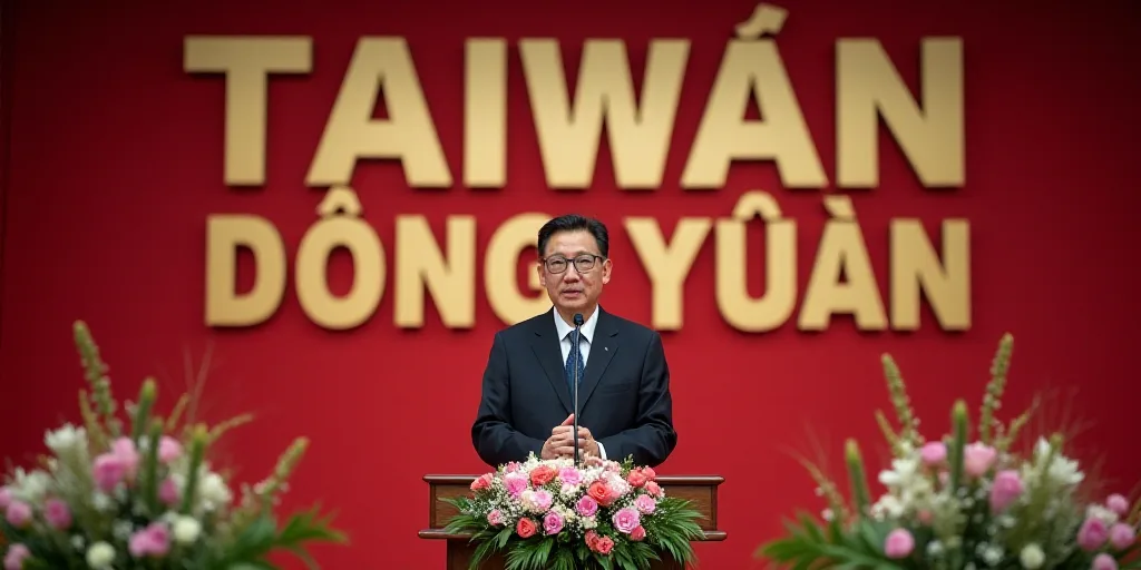 a man standing at a podium with flowers in front of him and a sign behind him that says taiwan, Dong