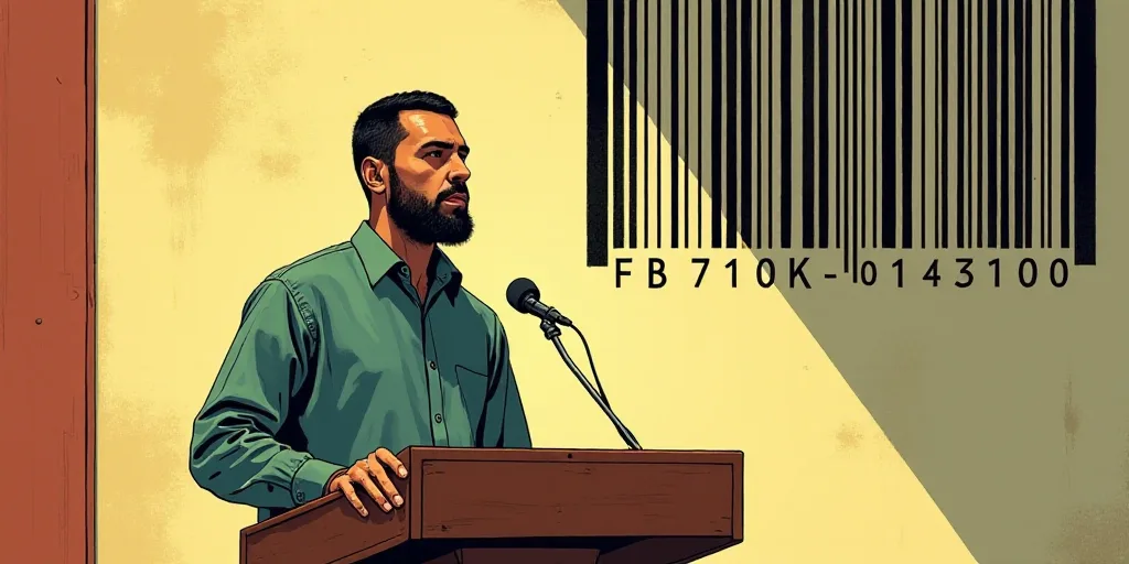 a man standing at a podium with a microphone in front of him and a bar code on the wall behind him,