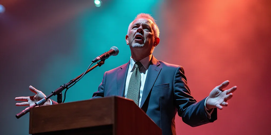 a man standing at a podium with his hands out in front of him and a microphone in front of him, Carl