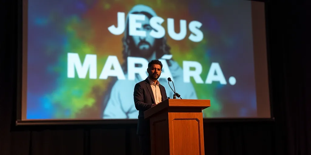 a man standing at a podium with a microphone in front of him and a banner behind him that says jesus