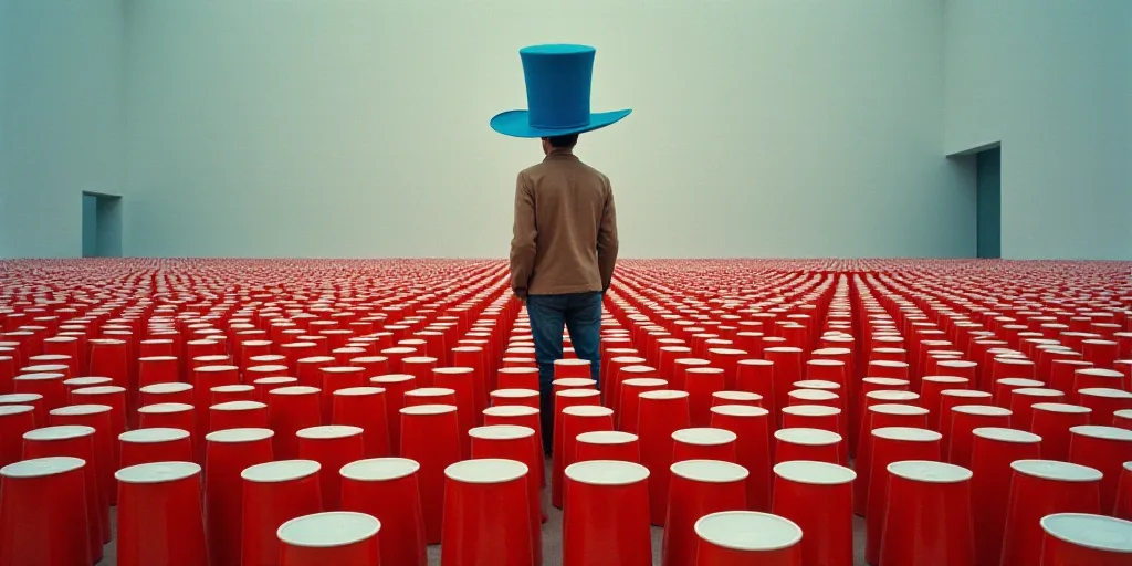 a man standing in a room full of red and white cups with a blue hat on top of them, Dahlov Ipcar, oi