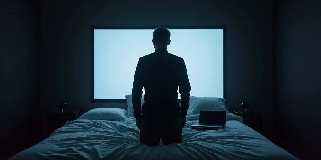 a man standing in front of a bed with a laptop on it and a screen behind him that says luuna, Adrian