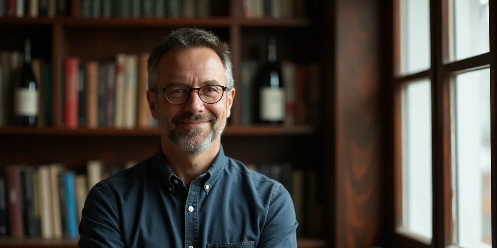 a man standing in front of a book shelf with a bottle of wine in the background and a window, david