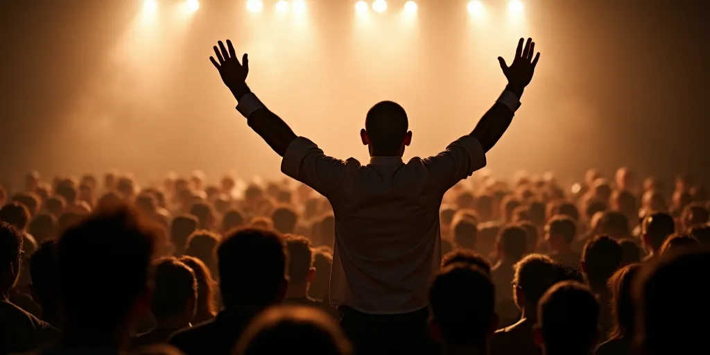 a man standing in front of a crowd of people with his hands up in the air and his arms raised, Bouch