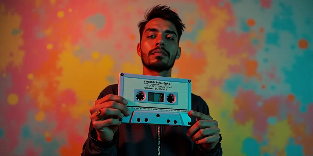 a man standing in front of a colorful background with a cassette on it and a caption that reads, se