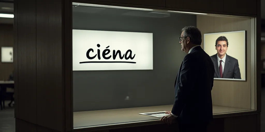 a man standing in front of a display with a sign that says ciena on it and a picture of a man in a s