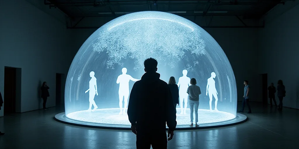 a man standing in front of a glass dome with people in it and a woman standing behind him in the bac