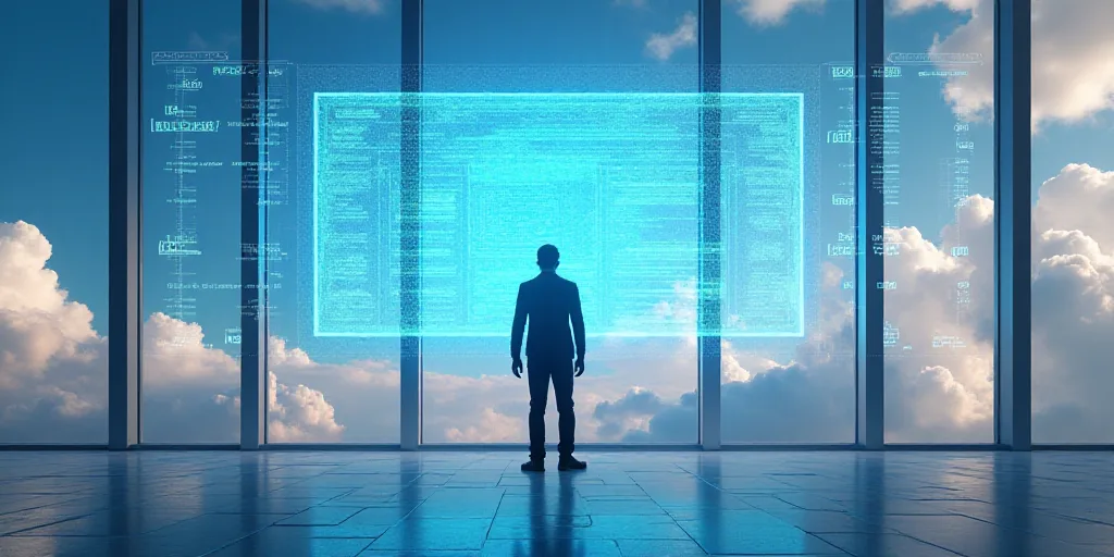 a man standing in front of a large screen with numbers on it and a sky background with clouds and a