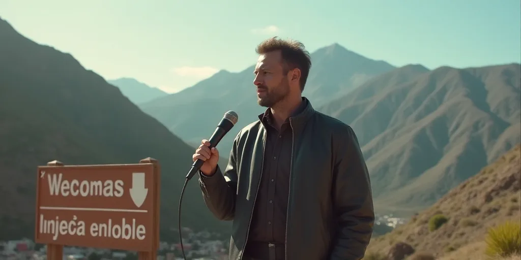 a man standing in front of a sign with a microphone in his hand and a mountain in the background, Ce