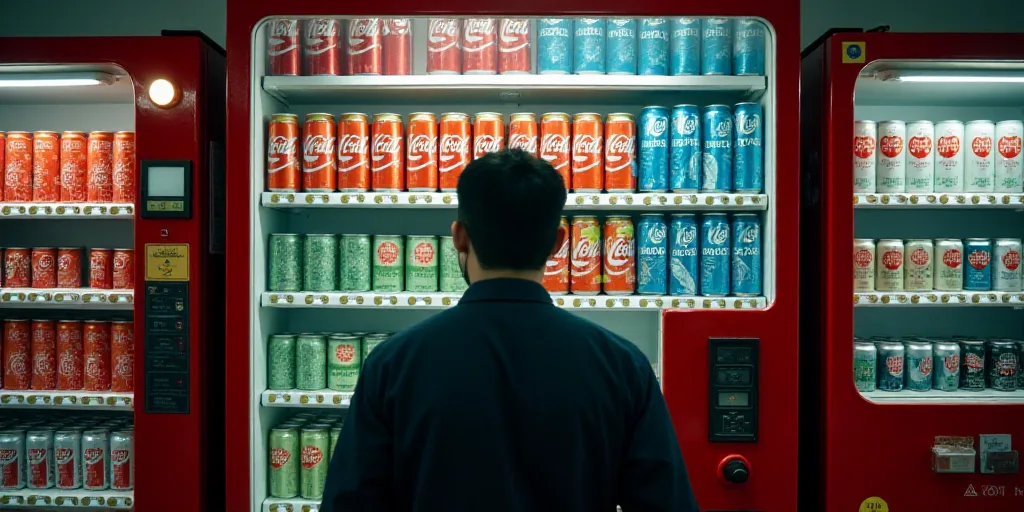 a man standing in front of a vending machine filled with soda cans and cans of sodas and water, Cui