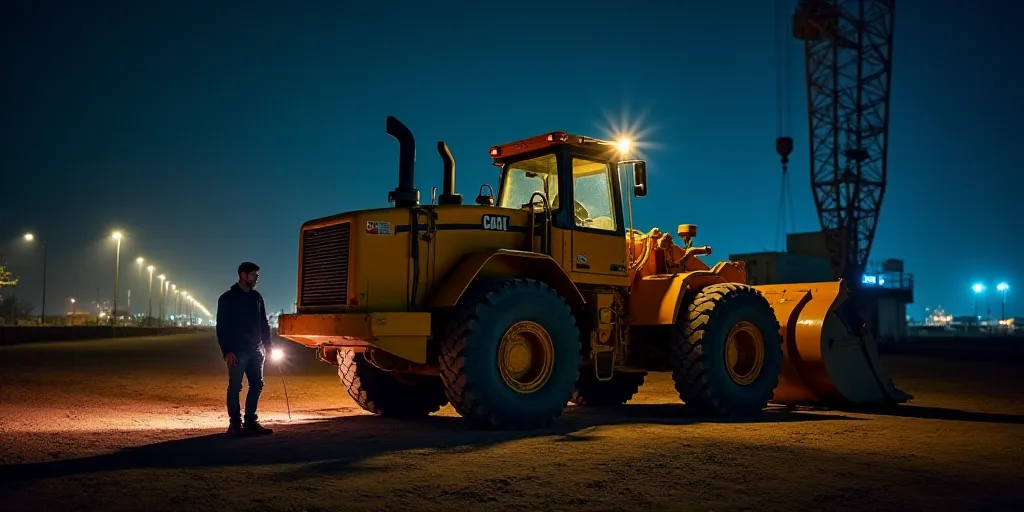 a man standing next to a construction vehicle in the dirt at night with a crane in the background an