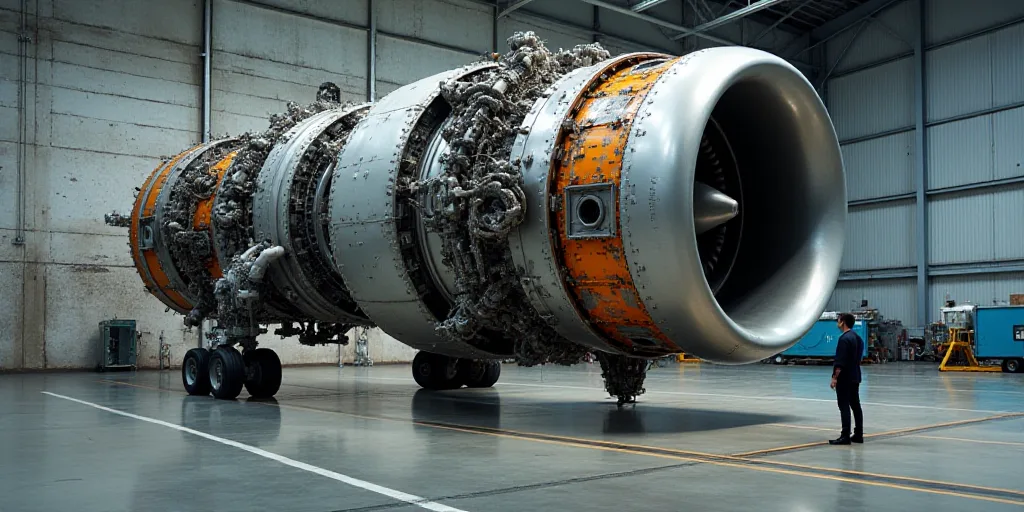 a man standing next to a large jet engine in a hangar with a sign on the wall behind it, Ei-Q, turna