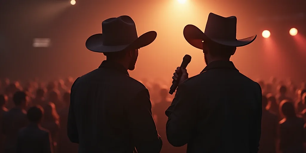 a man standing next to a man in a cowboy hat holding a microphone in front of a crowd of people, Edd