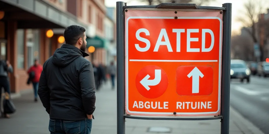 a man standing next to a red and white sign with a red and orange sign on it's side, david rubín, i