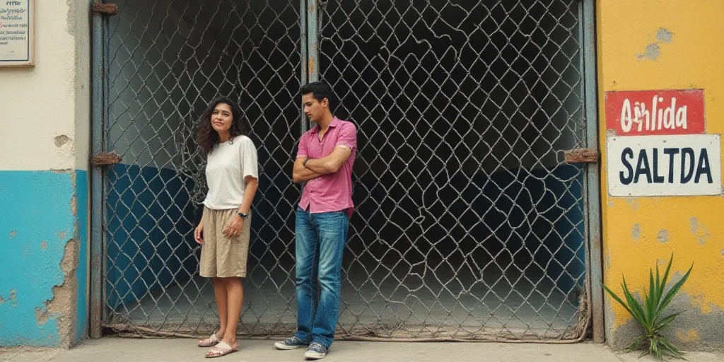 a man standing next to a woman behind a fence in a building with a sign on it that says salida, Carl