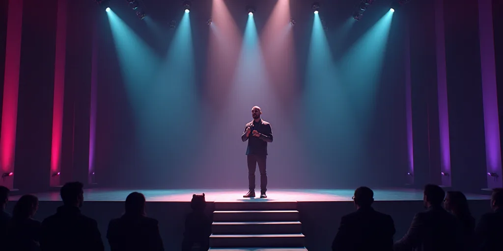 a man standing on a stage with a microphone in his hand and a speaker in front of him on a stage, Ah