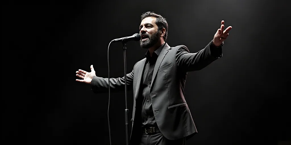 a man standing on a stage with his arms out and his hands out to the side of him, with a microphone