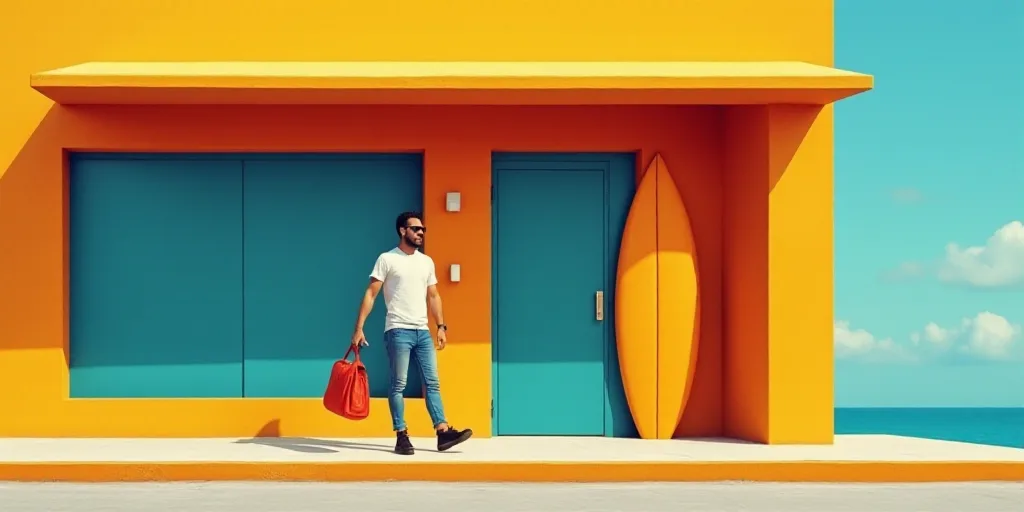 a man standing outside of a bank with a bag in his hand and a surfboard in his hand, Ceferí Olivé,