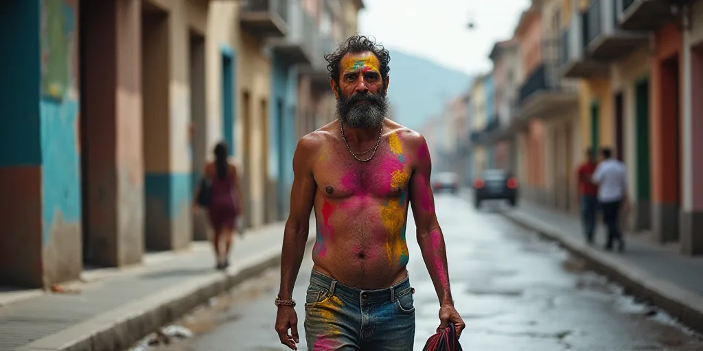 a man walking down a street with buckets of paint on his face and a bag in his hand, Ceferí Olivé,