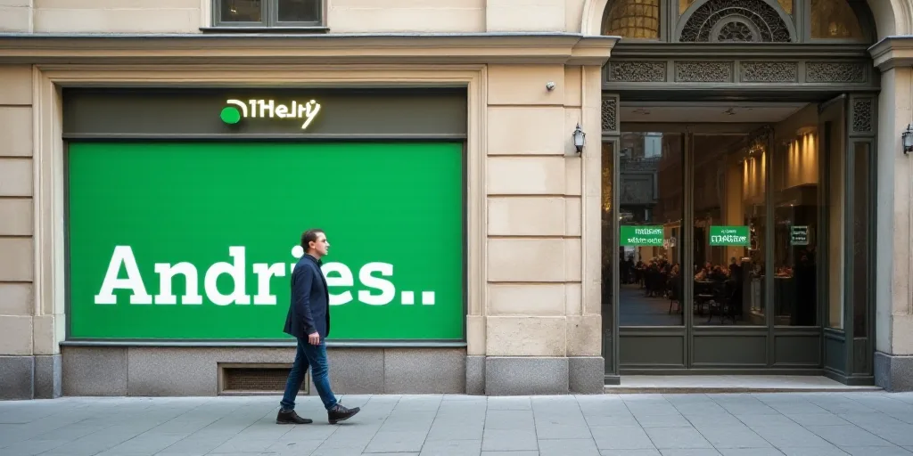 a man walking past a building with a green sign on it's side and a person walking past it, Andries S