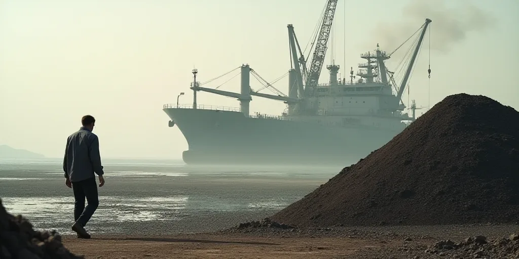 a man walking past a pile of dirt near a large ship in the background with a crane in the foreground