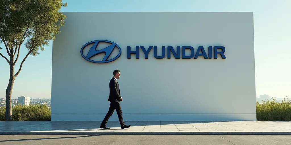 a man walking past a sign that says hyundair on it's side and a man in a suit walking past it, Eric