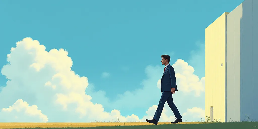a man walking past a tall building with a sky background and clouds in the background, with a blue s