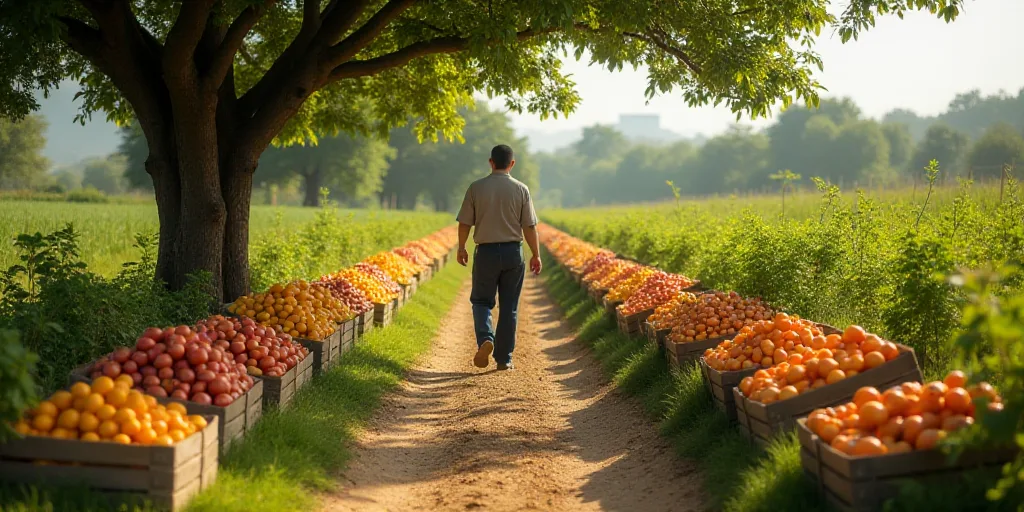a man walking through a field with lots of fruit on display in crates and crates on the ground next