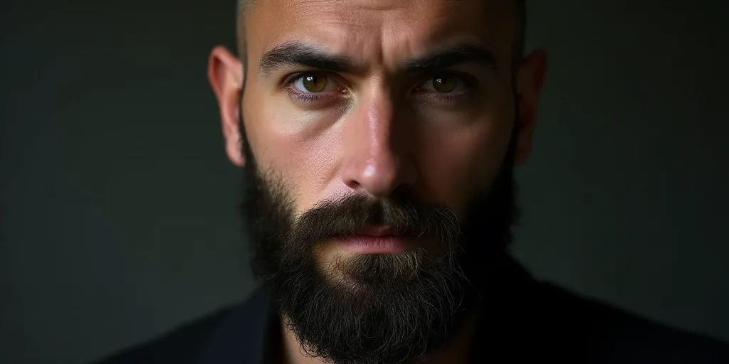 a man with a beard and a beard ring on his neck is looking at the camera with a serious look on his
