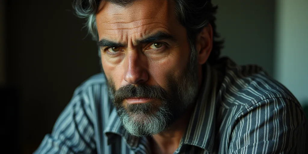a man with a beard and a striped shirt looks into the camera with a serious look on his face, Fikret