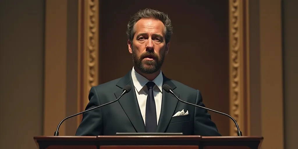 a man with a beard and a suit on giving a speech at a podium with a microphone in front of him, Carl