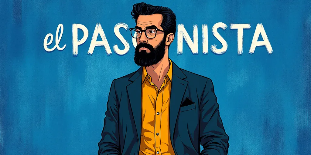 a man with a beard and glasses standing in front of a blue background with the words, el pasonista,